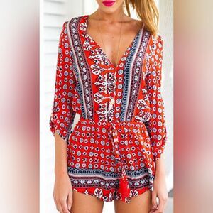 Red V Neck Tribe Pattern 3/4 Sleeve Romper